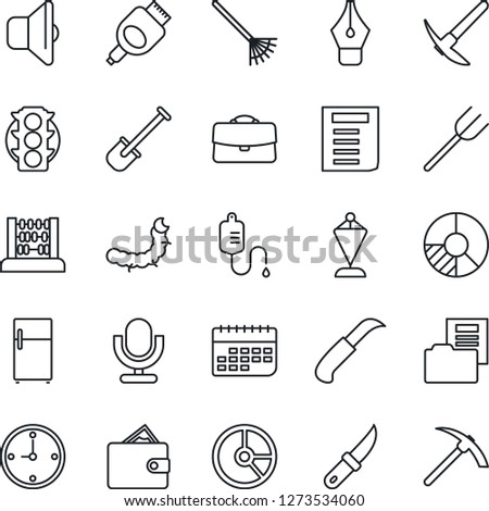 Thin Line Icon Set - pennant vector, abacus, document, circle chart, shovel, farm fork, rake, garden knife, caterpillar, dropper, traffic light, term, microphone, hdmi, case, clock, folder, ink pen