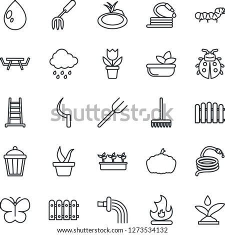 Thin Line Icon Set - flower in pot vector, garden fork, farm, fence, rake, ladder, seedling, watering, butterfly, lady bug, fire, water drop, rain, hose, sickle, pumpkin, light, caterpillar, pond