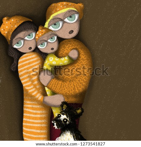 Coloful digital painting family on brown background. Hand drawing illustration for greeting cards, posters, prints. Mother, father, dog and baby with yellow clothers and hats.