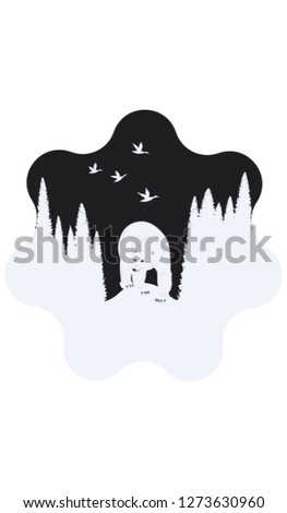 Bear in the winter pine forest, birds- icon black and white - isolated - vector