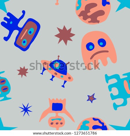 Children Sci-fi Pattern. Abstract Color Background with Aliens, Spaceships, Planets and Stars for Dress, Curtain, Paper. Modern Space Kids Pattern with Cute Monsters. Vector Texture.