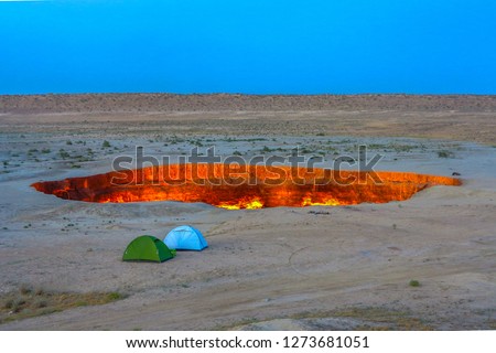 Darvaza Gas Crater Pit Breathtaking Two Tents