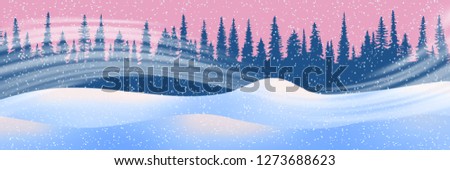 Fantasy on the theme of the winter landscape. Snow drifts, forest, blizzard and snowfall. Vector illustration, EPS10 Royalty-Free Stock Photo #1273688623