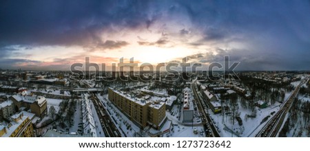 Panoramic cityscape and sunset at evening time in Zabrze, Poland.