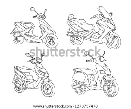 Morotbike black line vector illustration set, Delivery bike, Sport motos and mopeds