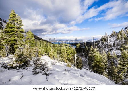 Beautiful winter day in the Sierra Mountains, Emerald Bay and Lake Tahoe visible in the background, California