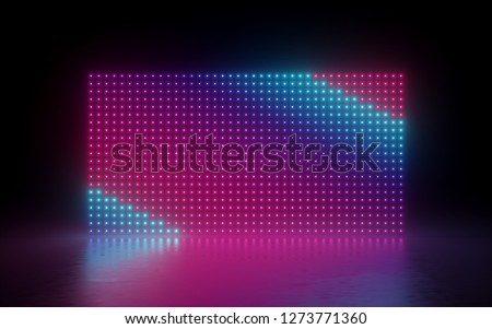 3d render, abstract background, glowing dots, screen pixels, neon lights, virtual reality, ultraviolet spectrum, pink blue vibrant colors, fashion podium, isolated on black, floor reflection