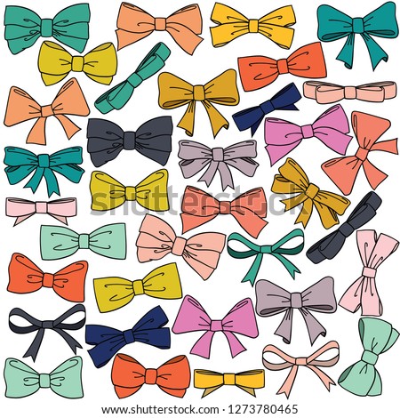 Cute freehand colored bow doodle, Black outline girl hair accessories and  bow tie sketch, Hand drawn fashion elements and Holiday dressing items, Beauty, gift and birthday decorative ribbons