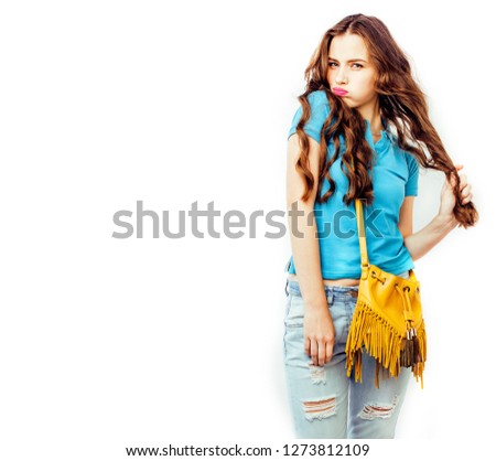young pretty stylish hipster girl posing emotional isolated on w