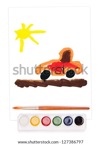 painted car on sheet, watercolor set and brush