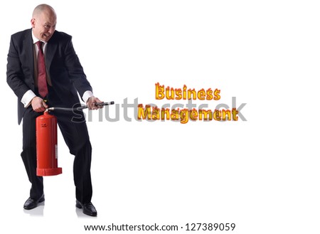 Businessman with fire extinguisher isolated on white. concept of putting out fires resolving problems in business.