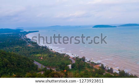 Beautiful view of Khao Matsee with sea and mountain in chumphon province Thailand. Aerial view from drone.