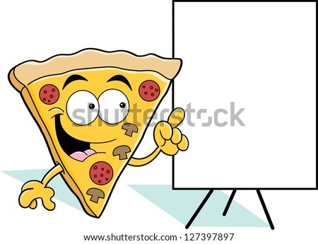 Cartoon illustration of a pizza slice pointing to a sign.