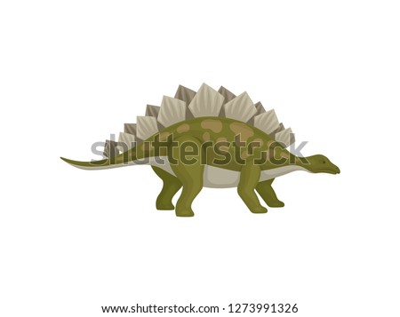 Illustration of green stegosaurus. Dinosaur with spines on back. Animal from Jurassic period. Flat vector design