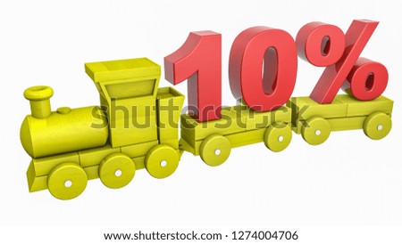 red three-dimensional numbers 10% on a wooden toy train. concept of discounts. 3d rendering
