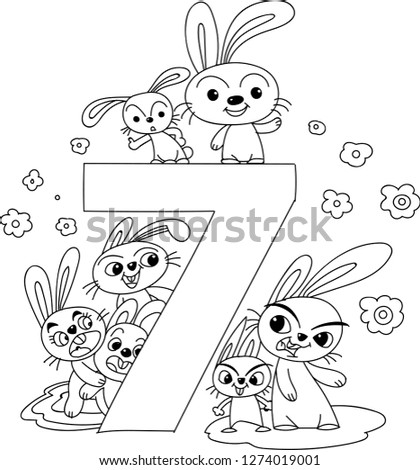 The seven rabbits. Hand drawn doodle vector illustration. For counting teaching for kids,coloring pattern, clip arts, wallpaper,background,