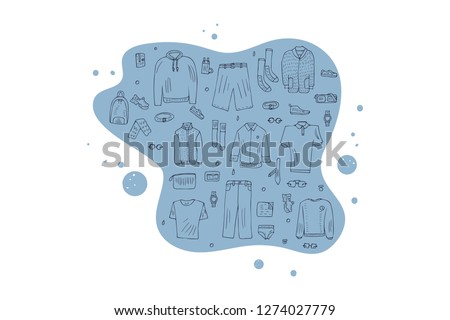 Men apparel and accessories set in doodle style. Collection of male clothes, shoes isolated on white background.  Vector conceptual illustration. 