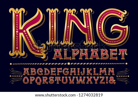 King Alphabet is a regal ornate lettering style with elegant gilded detailing. This font would work well with anything courtly, royal, high class, or antique.  Royalty-Free Stock Photo #1274032819