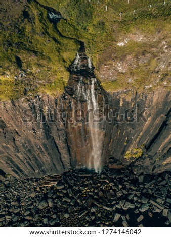 aerial drone shot of Mealt Falls on the Isle of Skye