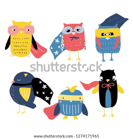 Set of funny owls superheroes. Kids trendy graphic. Vector hand drawn illustration.