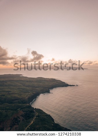 Aerial shot of the hawaiian coast while sunset