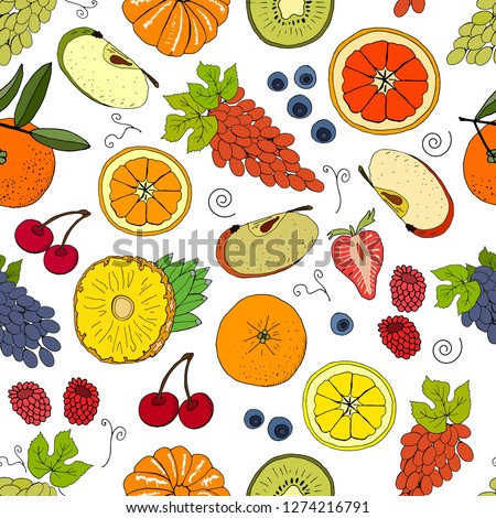 Seamless vector hand drawn pattern with fruits and berries isolate on white background. Endless texture for season summer design, announcements, cards, posters, restaurant menu.