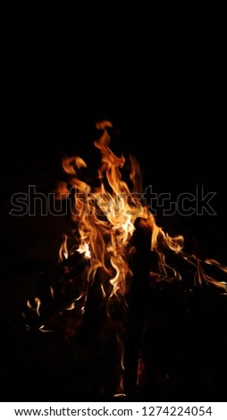 The burning flame makes bright red and yellow light, with a black background - Image
