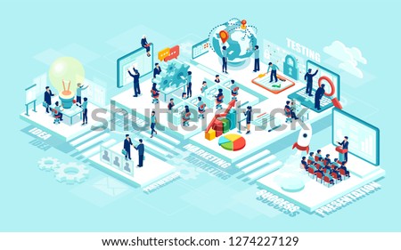 Isometric vector of virtual office with businesspeople, corporate employees working together on a new startup using mobile devices. Business management, education, online communication network Royalty-Free Stock Photo #1274227129