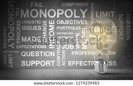 Lightbulb with multiple sketched gears inside placed against business related terms on grey wall on background. 3D rendering.