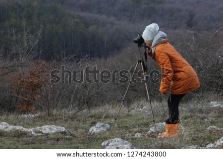 girl photographer, nature, winter, autumn, forest