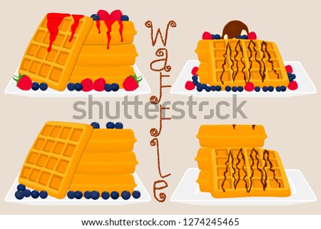 Graphic icon illustration logo for various sweet waffles. Waffle pattern consisting of slice different dessert confectionery, wafer with raspberry. Eat tasty patisserie waffle covered in raspberries.