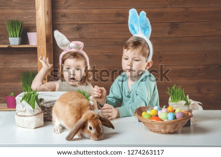 Happy family having fun on Easter egg hunt. kids playing with rabbit. Children with Easter bunny in basket and green grass. Caring about pet. Boy and girl in bunny ears
