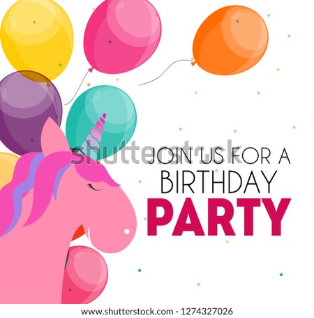 Birthday party invitation with cute unicorn and flower. Vector Illustration EPS10