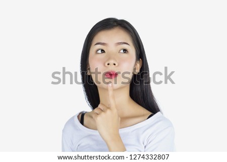 Express ideas.Pretty girl having idea and posing over isolated on white background.Young woman thinking dreaming has many ideas.Positive human face expression emotion feeling life perception.