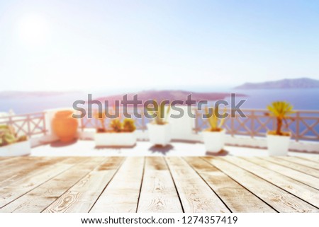 Empty wooden board on a Mediterranean terrace