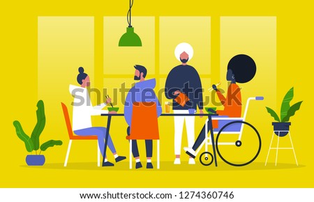 A group of friends having dinner. Asian food. Eating with chopsticks. Restaurant. Millennial lifestyle. Flat editable vector illustration, clip art