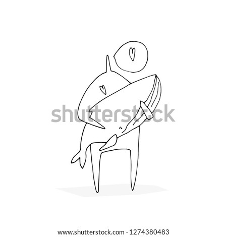 Hand paint vector outline stick figure illustration. Character people. Man and whale. Heart. Speech. Sea. (Can be used as texture for cards, invitations, DIY projects, web sites)