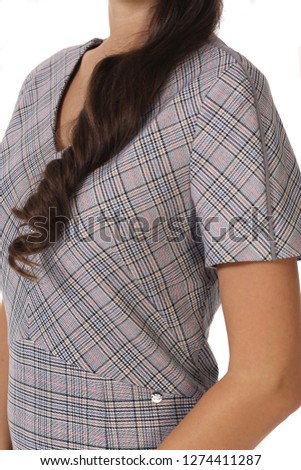 business woman with model girl in checked print formal dress close up photo isolated on white