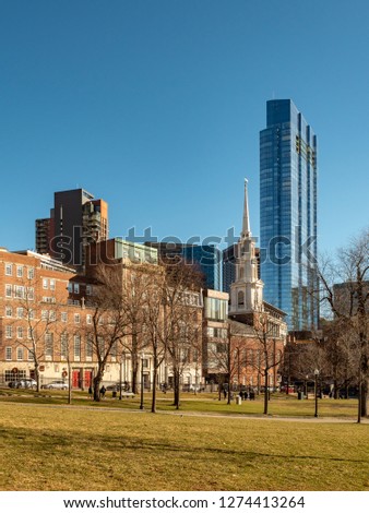 Historic and new buildings at Boston Commons.