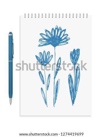 Hand drawn ink flowers or sketchy herbal elements isolated. Vector illustration doodle floral and flower