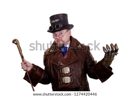 steampunk man shows cool emotions