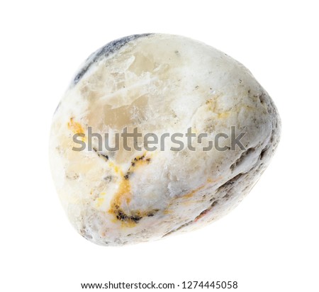 macro photography of natural mineral from geological collection - tumbled barite (baryte) stone on white background