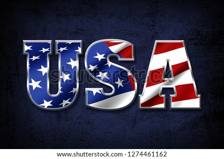 "USA" word filled with American flag colors on blue grunge background, with 3D metallic border style.