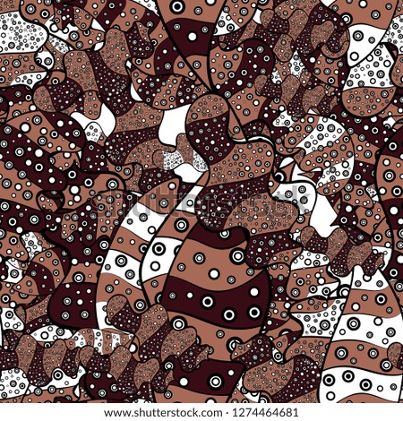 Cute fabric pattern. Elements black, brown and white on colors. Flat doodles. Seamless Print. Vector illustration. Design.