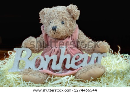 feeling of happiness, the sweetness of childhood Teddy bears with the word happiness (bonheur is happiness in French) carved in wood