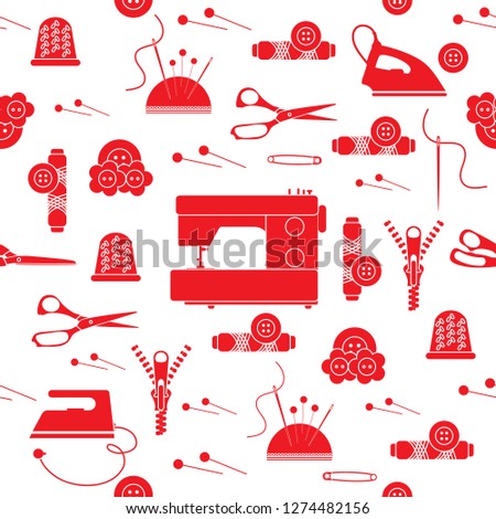 Seamless pattern with zipper, needles, thimble, pins, threads, buttons, scissors, sewing machine, iron. Sewing and needlework background. Template for design, fabric, print.