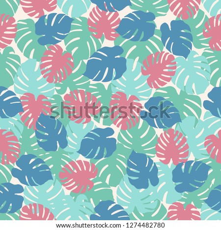 Seamless pattern with monstera leaves. Tropical background. Design for banner, poster, textile, print.