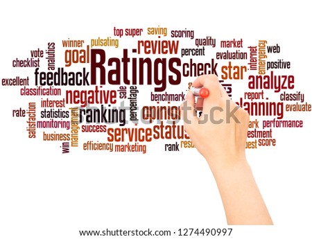 Ratings word cloud hand writing concept on white background. 