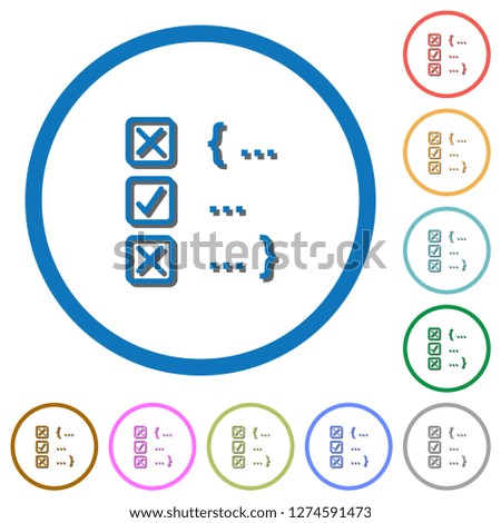 Source code checking flat color vector icons with shadows in round outlines on white background