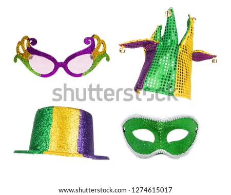 Festive Mardi Gras party hats, glasses and mask isolated on white for compositing